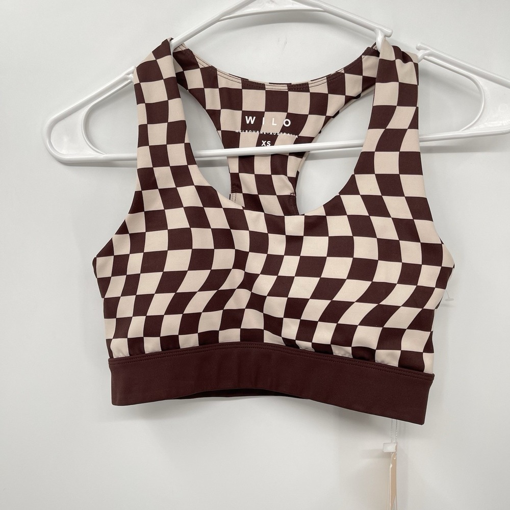 Wilo XS Check Bra Womens Choc/Clay Warped Checkerboard Racerback Sports Bra‎ NEW